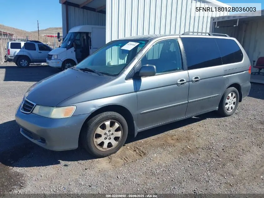 2002 Honda Odyssey Ex-L VIN: 5FNRL18012B036003 Lot: 42205950