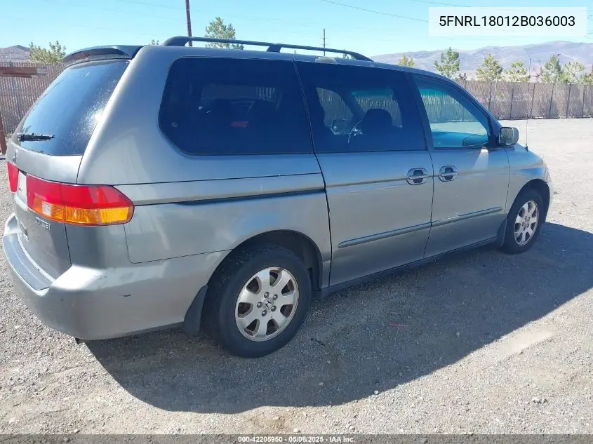 2002 Honda Odyssey Ex-L VIN: 5FNRL18012B036003 Lot: 42205950