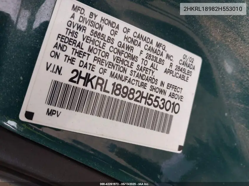 2002 Honda Odyssey Ex-L VIN: 2HKRL18982H553010 Lot: 42261973
