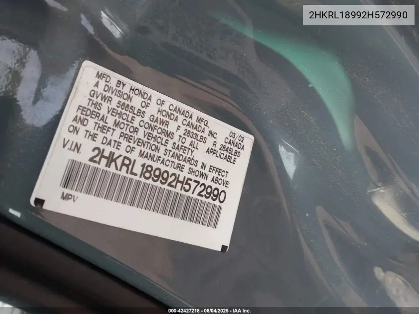 2002 Honda Odyssey Ex-L VIN: 2HKRL18992H572990 Lot: 42427218