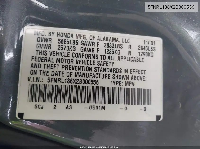 2002 Honda Odyssey Ex VIN: 5FNRL186X2B000556 Lot: 42466805