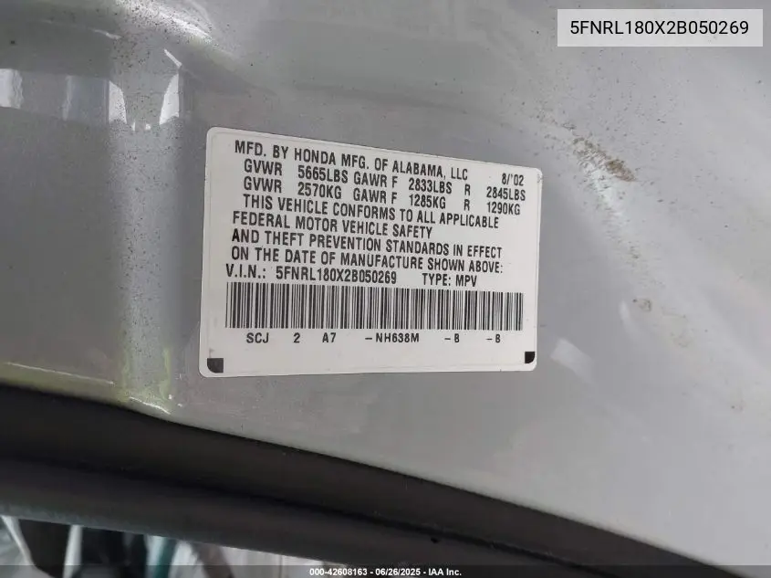 2002 Honda Odyssey Ex-L VIN: 5FNRL180X2B050269 Lot: 42608163