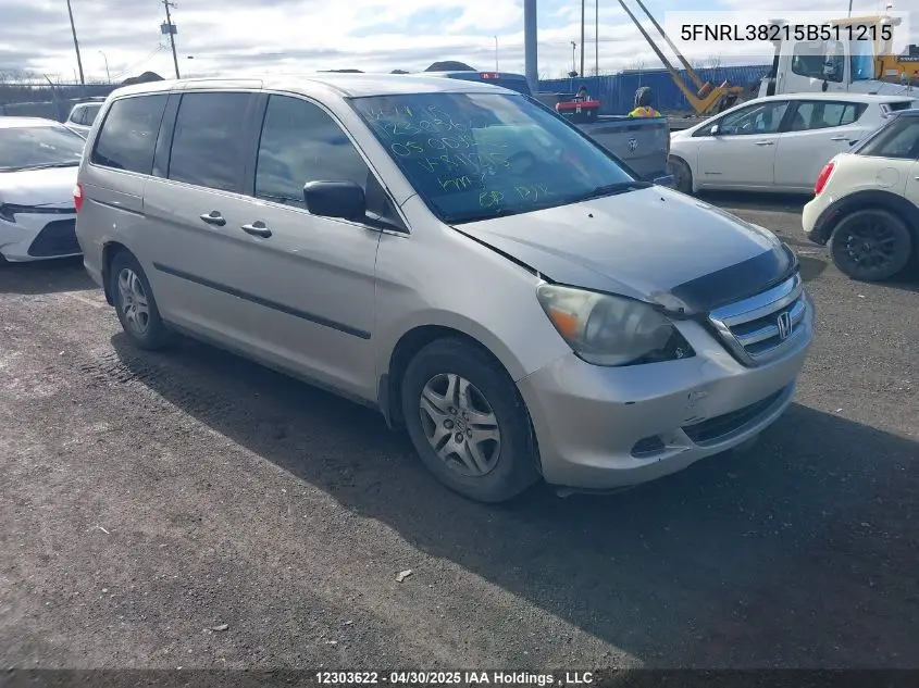 2005 Honda Odyssey VIN: 5FNRL38215B511215 Lot: 12303622