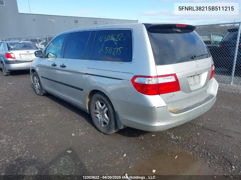 2005 Honda Odyssey VIN: 5FNRL38215B511215 Lot: 12303622