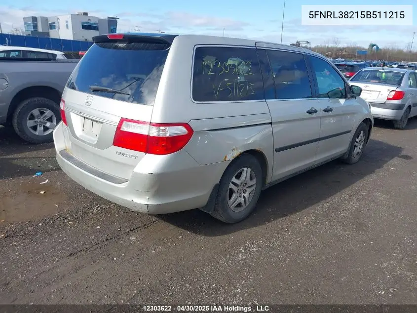 2005 Honda Odyssey VIN: 5FNRL38215B511215 Lot: 12303622