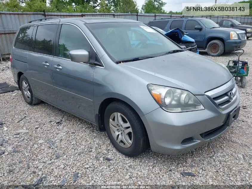 2005 Honda Odyssey Ex-L VIN: 5FNRL386X5B038143 Lot: 42149398