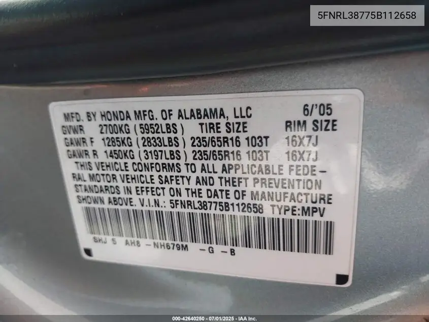 2005 Honda Odyssey Ex-L VIN: 5FNRL38775B112658 Lot: 42640250