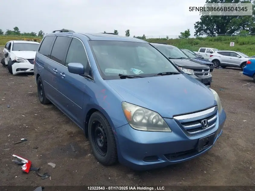 2006 Honda Odyssey Ex-L VIN: 5FNRL38666B504345 Lot: 12322543