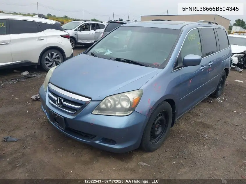 2006 Honda Odyssey Ex-L VIN: 5FNRL38666B504345 Lot: 12322543