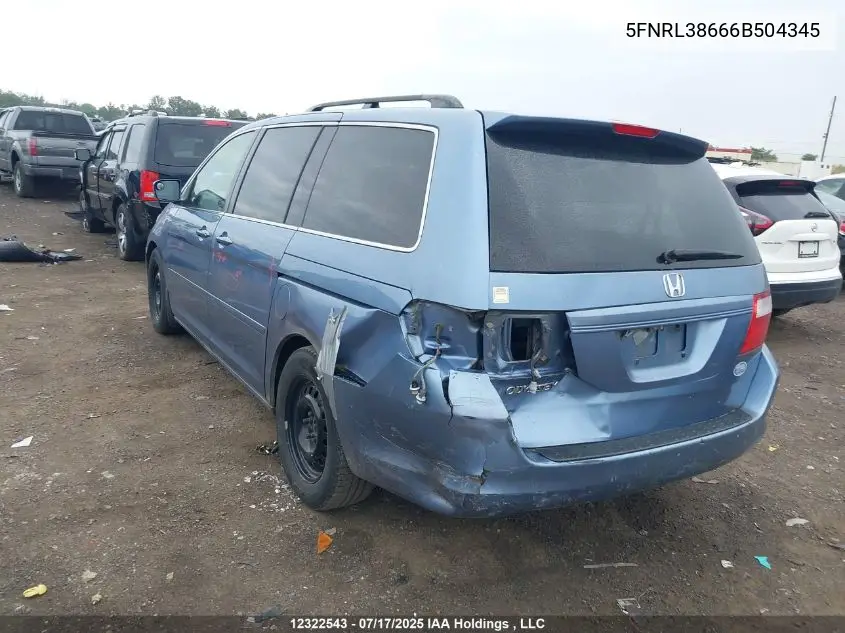 2006 Honda Odyssey Ex-L VIN: 5FNRL38666B504345 Lot: 12322543