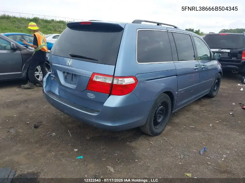 2006 Honda Odyssey Ex-L VIN: 5FNRL38666B504345 Lot: 12322543