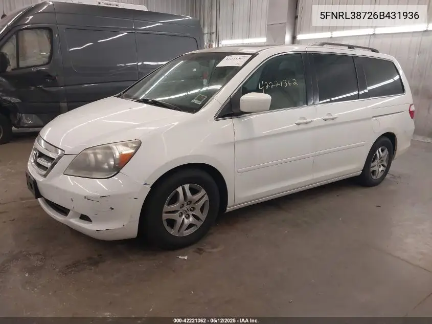 2006 Honda Odyssey Ex-L VIN: 5FNRL38726B431936 Lot: 42221362
