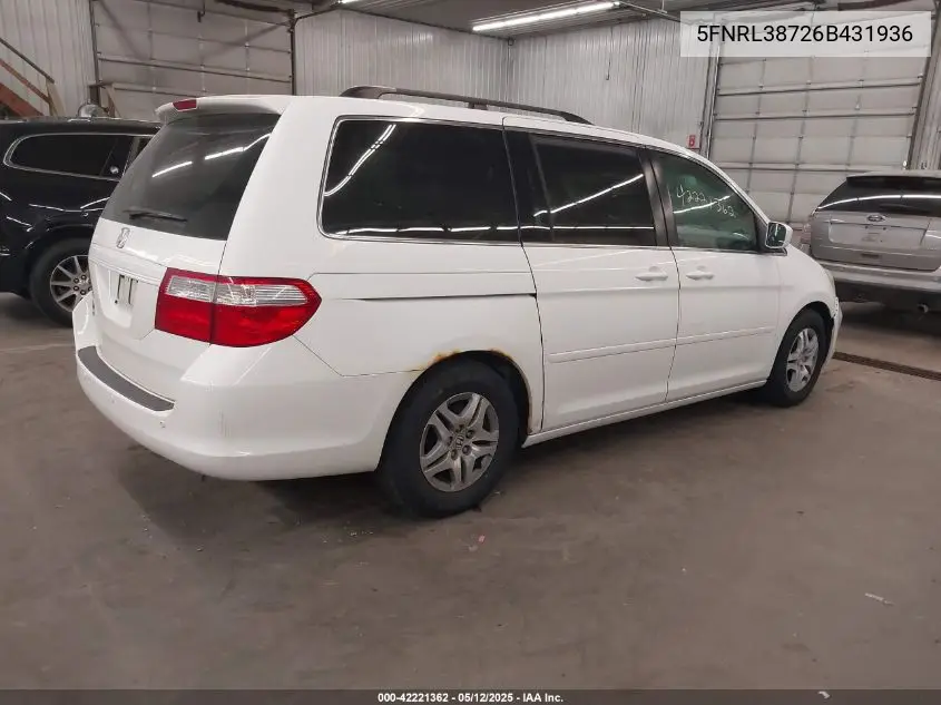 2006 Honda Odyssey Ex-L VIN: 5FNRL38726B431936 Lot: 42221362