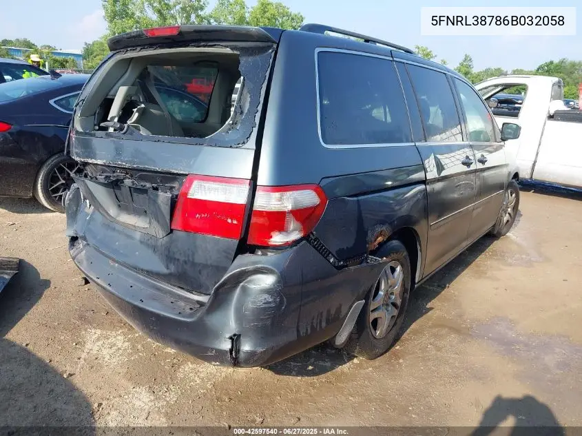 2006 Honda Odyssey Ex-L VIN: 5FNRL38786B032058 Lot: 42597540