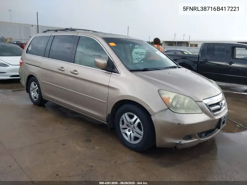 2006 Honda Odyssey Ex-L VIN: 5FNRL38716B417221 Lot: 42612050