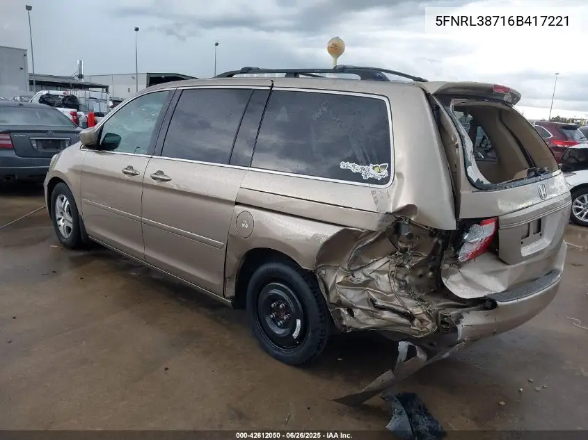 2006 Honda Odyssey Ex-L VIN: 5FNRL38716B417221 Lot: 42612050
