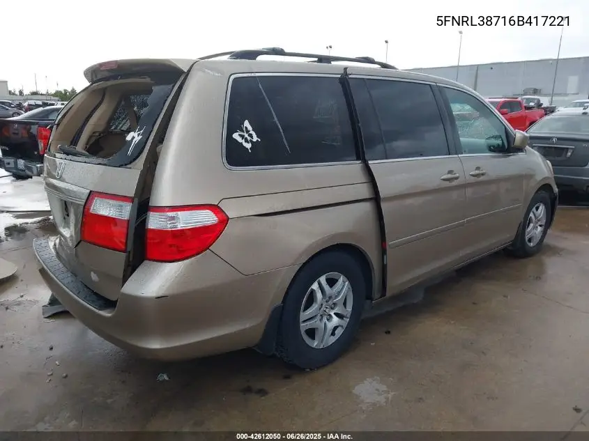 2006 Honda Odyssey Ex-L VIN: 5FNRL38716B417221 Lot: 42612050