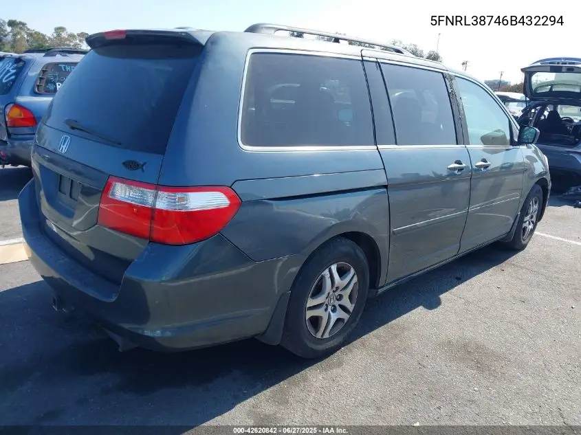 2006 Honda Odyssey Ex-L VIN: 5FNRL38746B432294 Lot: 42620842