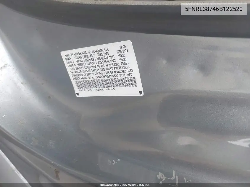 2006 Honda Odyssey Exl VIN: 5FNRL38746B122520 Lot: 42620980