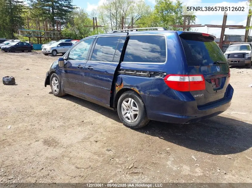 2007 Honda Odyssey Ex-L VIN: 5FNRL38657B512602 Lot: 12313061X