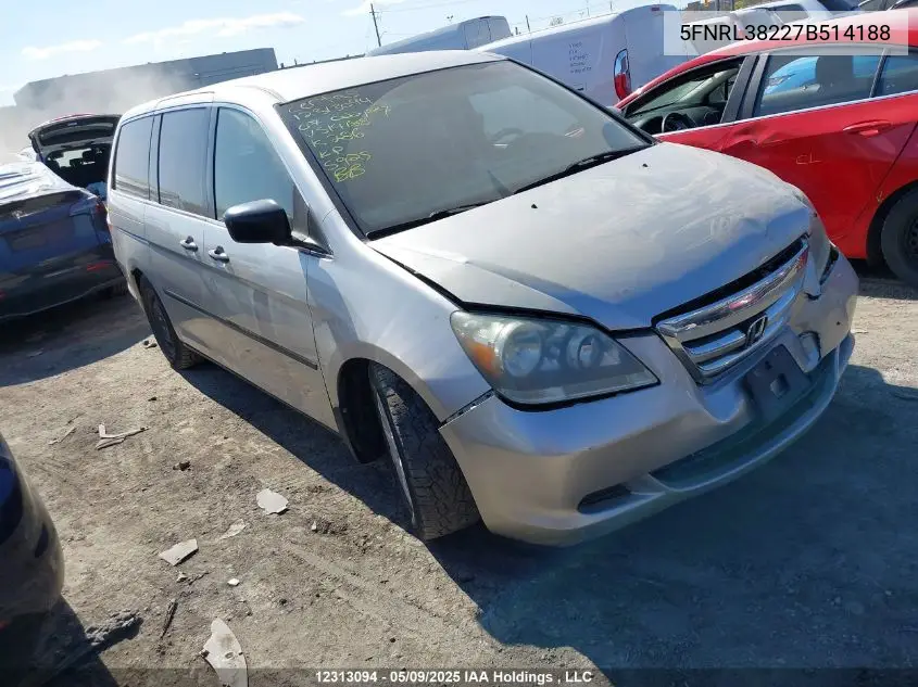 2007 Honda Odyssey Lx VIN: 5FNRL38227B514188 Lot: 12313094