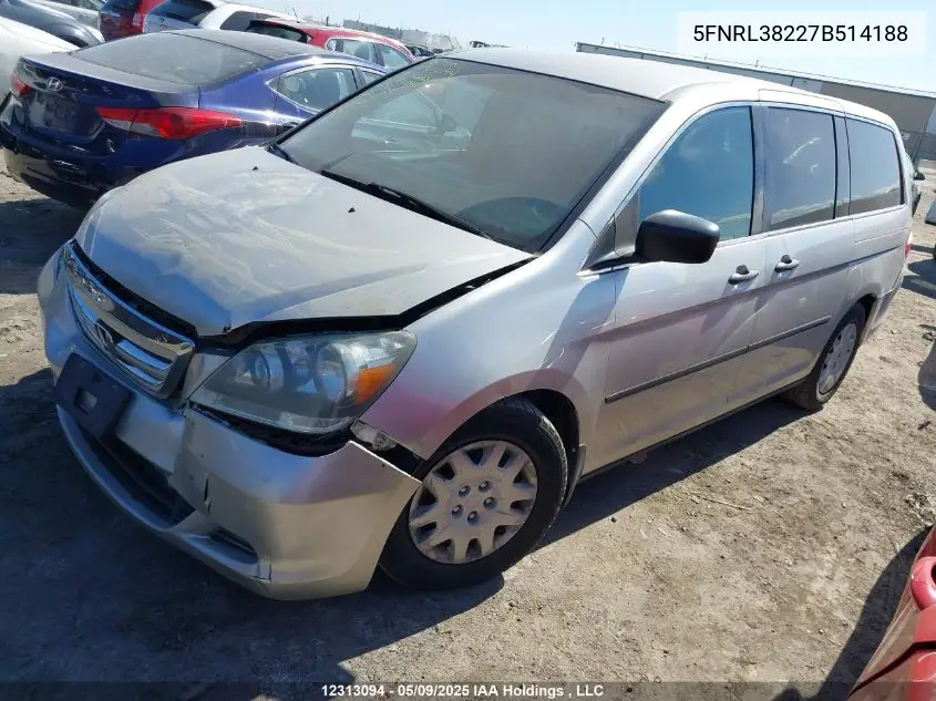 2007 Honda Odyssey Lx VIN: 5FNRL38227B514188 Lot: 12313094