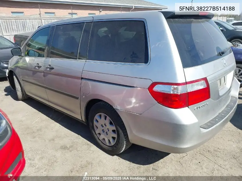 2007 Honda Odyssey Lx VIN: 5FNRL38227B514188 Lot: 12313094