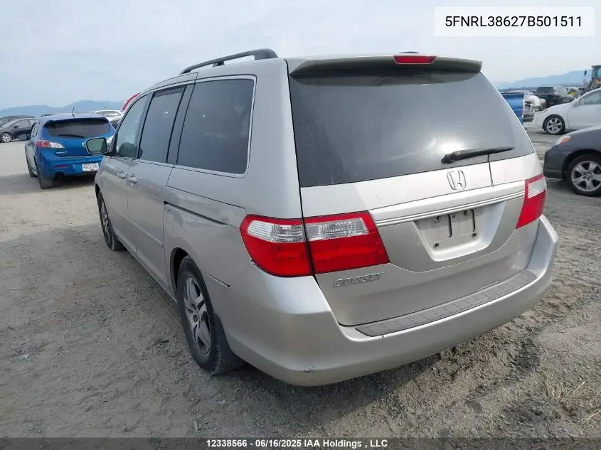 2007 Honda Odyssey Exl VIN: 5FNRL38627B501511 Lot: 12338566