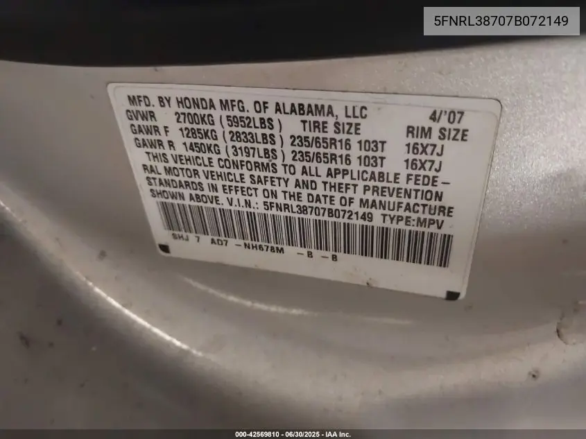 2007 Honda Odyssey Ex-L VIN: 5FNRL38707B072149 Lot: 42569810