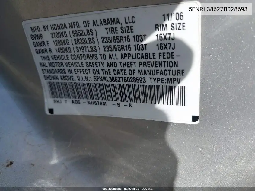 2007 Honda Odyssey Ex-L VIN: 5FNRL38627B028693 Lot: 42609286