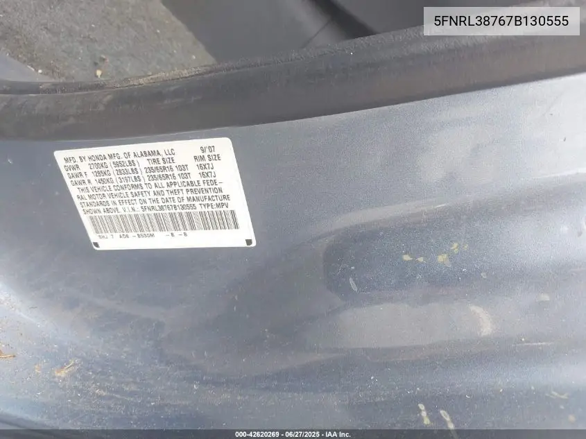 2007 Honda Odyssey Ex-L VIN: 5FNRL38767B130555 Lot: 42620269