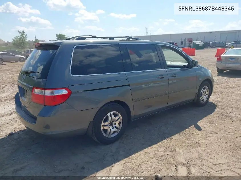 2007 Honda Odyssey Ex-L VIN: 5FNRL38687B448345 Lot: 42650030