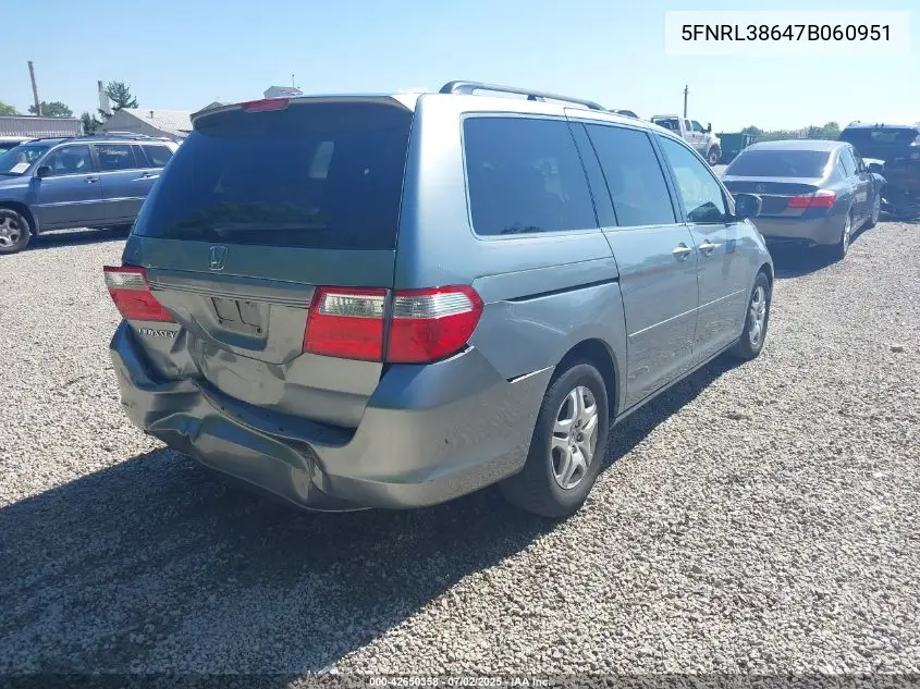 2007 Honda Odyssey Ex-L VIN: 5FNRL38647B060951 Lot: 42650358