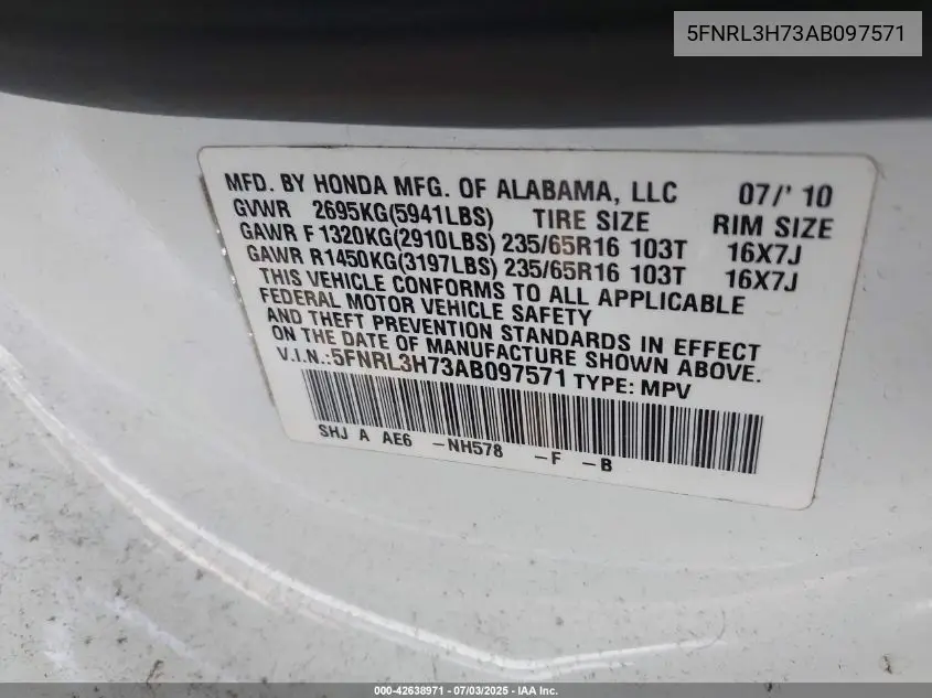 2010 Honda Odyssey Ex-L VIN: 5FNRL3H73AB097571 Lot: 42638971