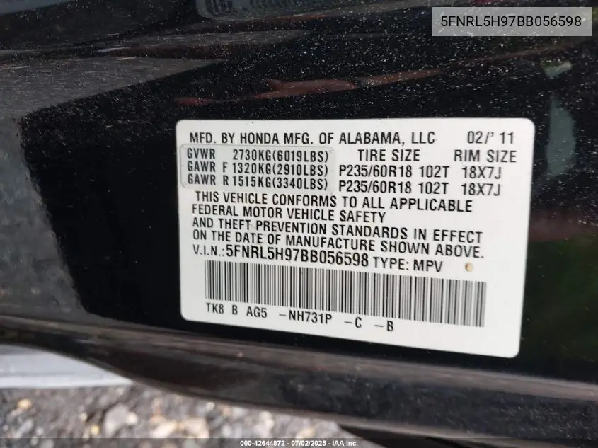 2011 Honda Odyssey Touring/Touring Elite VIN: 5FNRL5H97BB056598 Lot: 42644872