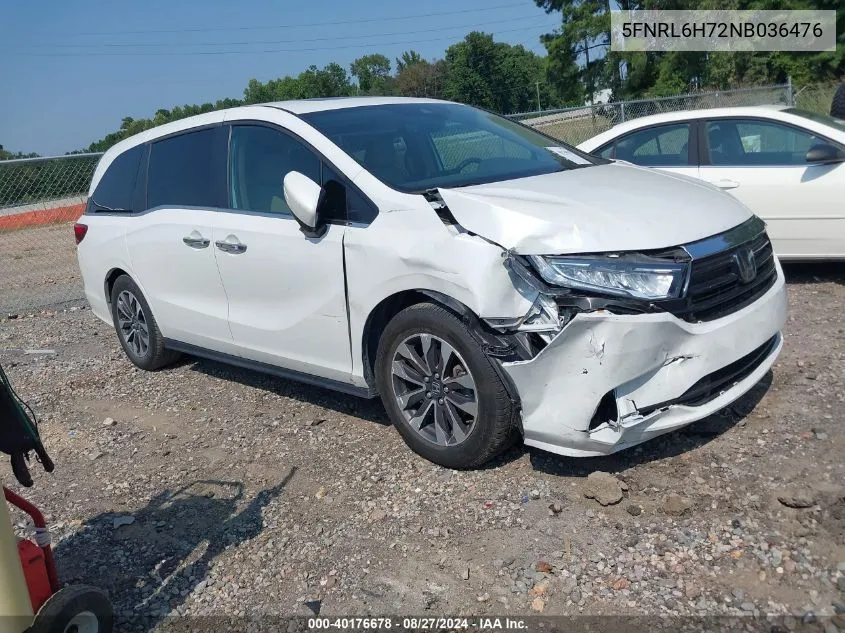 2022 Honda Odyssey Ex-L VIN: 5FNRL6H72NB036476 Lot: 40176678