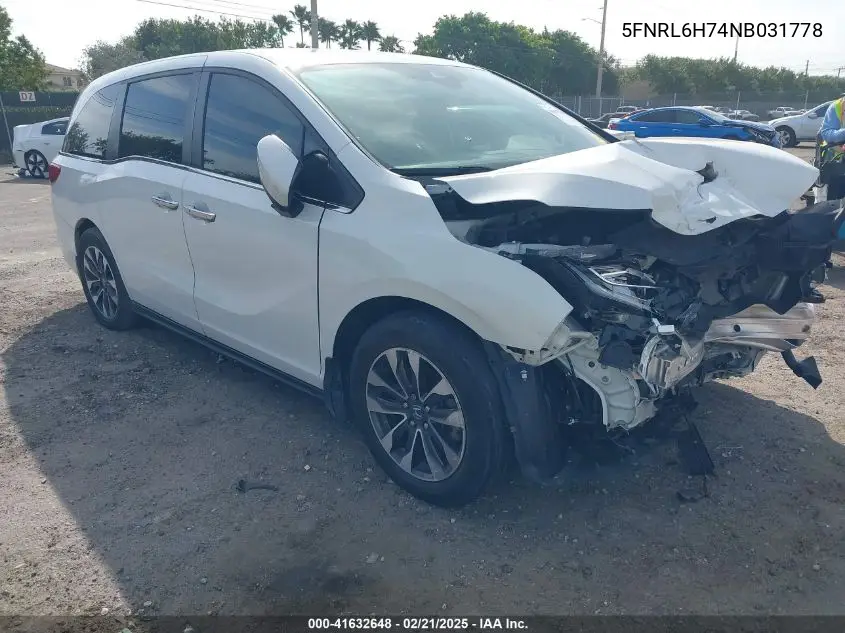 2022 Honda Odyssey Ex-L VIN: 5FNRL6H74NB031778 Lot: 41632648
