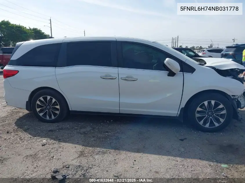 2022 Honda Odyssey Ex-L VIN: 5FNRL6H74NB031778 Lot: 41632648