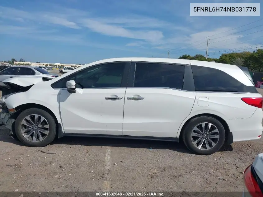 2022 Honda Odyssey Ex-L VIN: 5FNRL6H74NB031778 Lot: 41632648