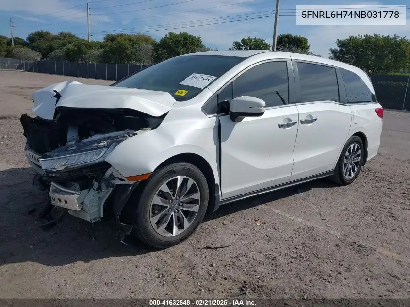 2022 Honda Odyssey Ex-L VIN: 5FNRL6H74NB031778 Lot: 41632648