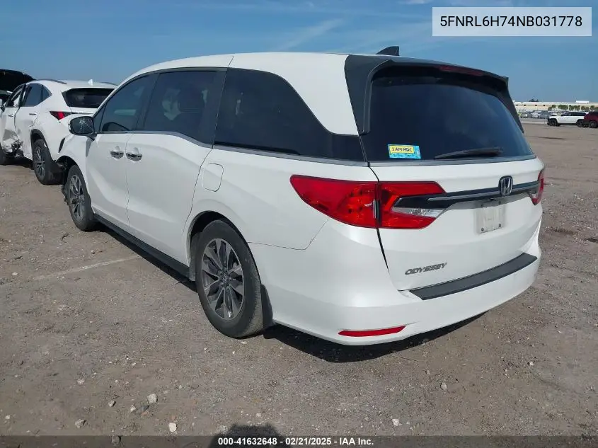 2022 Honda Odyssey Ex-L VIN: 5FNRL6H74NB031778 Lot: 41632648