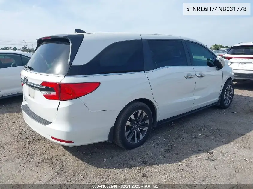 2022 Honda Odyssey Ex-L VIN: 5FNRL6H74NB031778 Lot: 41632648