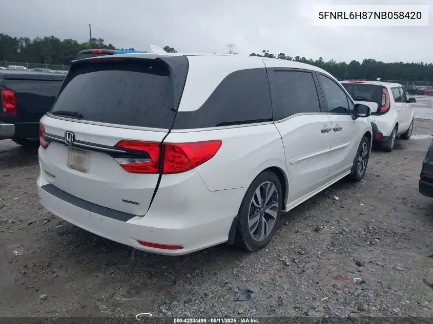 2022 Honda Odyssey Touring VIN: 5FNRL6H87NB058420 Lot: 42234499