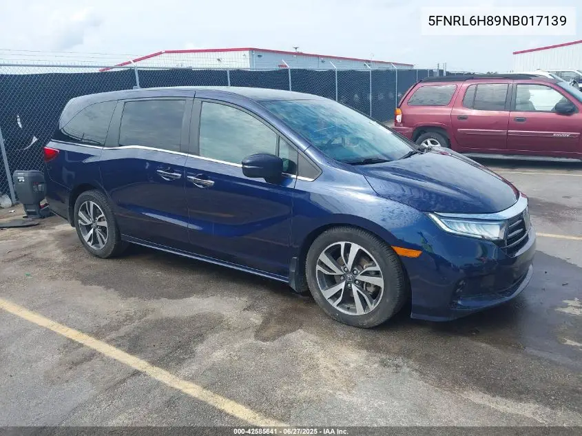 2022 Honda Odyssey Touring VIN: 5FNRL6H89NB017139 Lot: 42585641