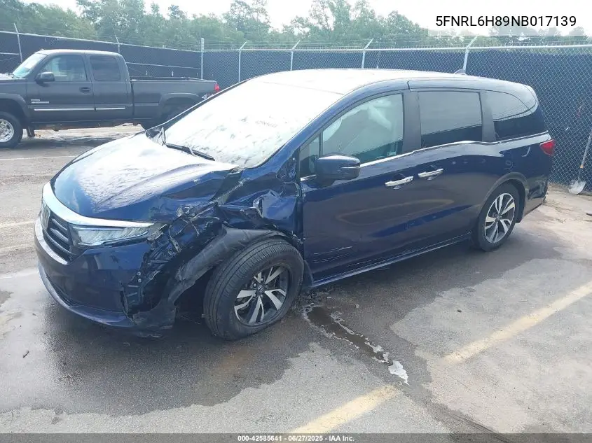2022 Honda Odyssey Touring VIN: 5FNRL6H89NB017139 Lot: 42585641