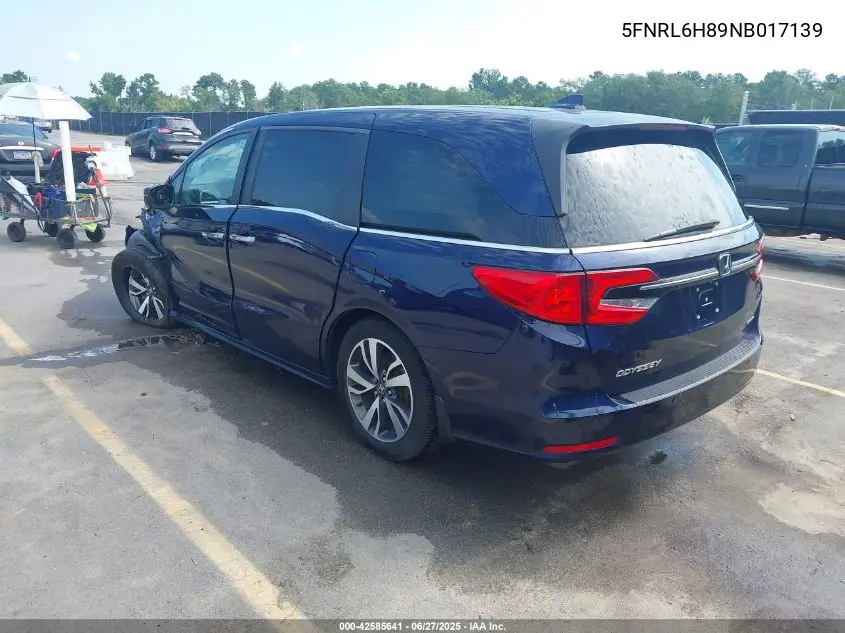 2022 Honda Odyssey Touring VIN: 5FNRL6H89NB017139 Lot: 42585641