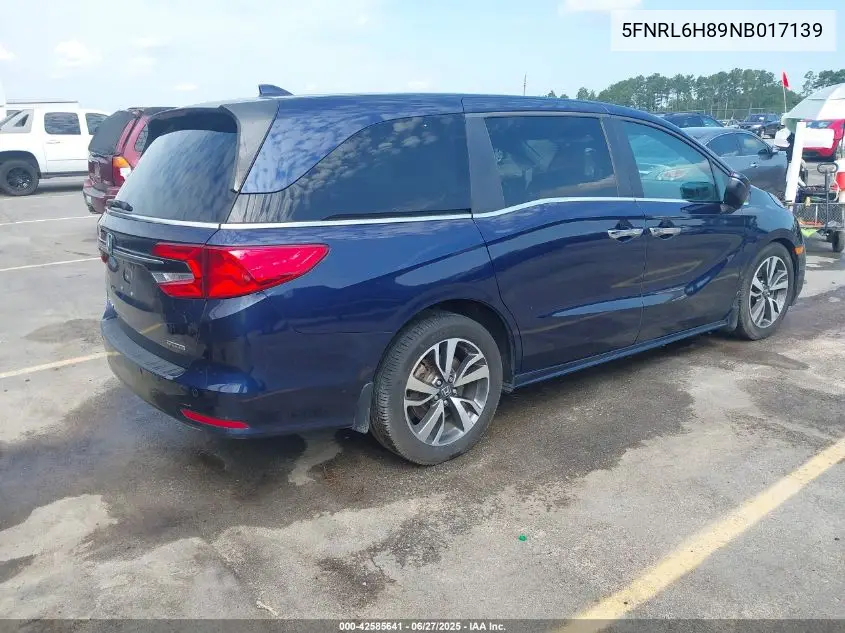 2022 Honda Odyssey Touring VIN: 5FNRL6H89NB017139 Lot: 42585641
