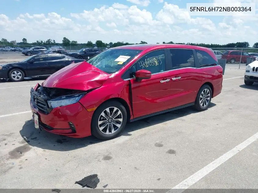 2022 Honda Odyssey Ex-L VIN: 5FNRL6H72NB003364 Lot: 42602963