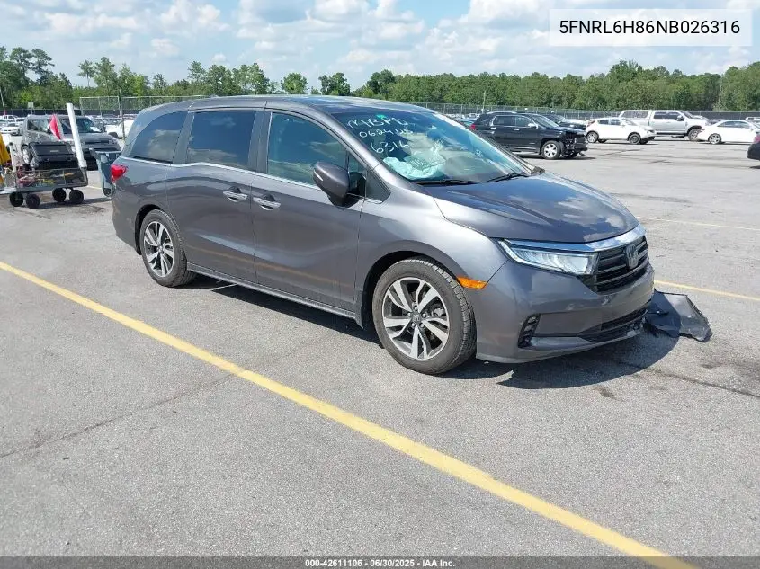 2022 Honda Odyssey Touring VIN: 5FNRL6H86NB026316 Lot: 42611106