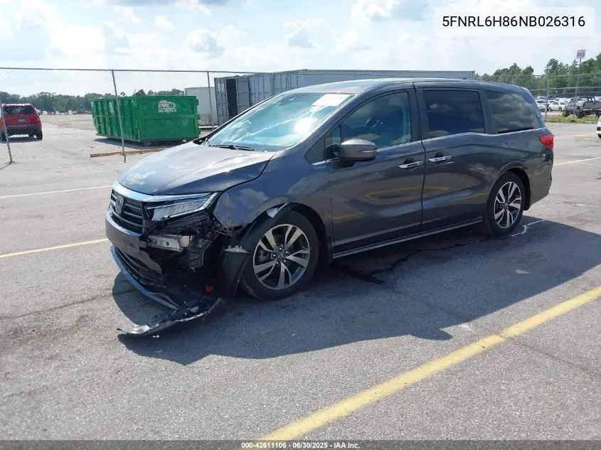 2022 Honda Odyssey Touring VIN: 5FNRL6H86NB026316 Lot: 42611106